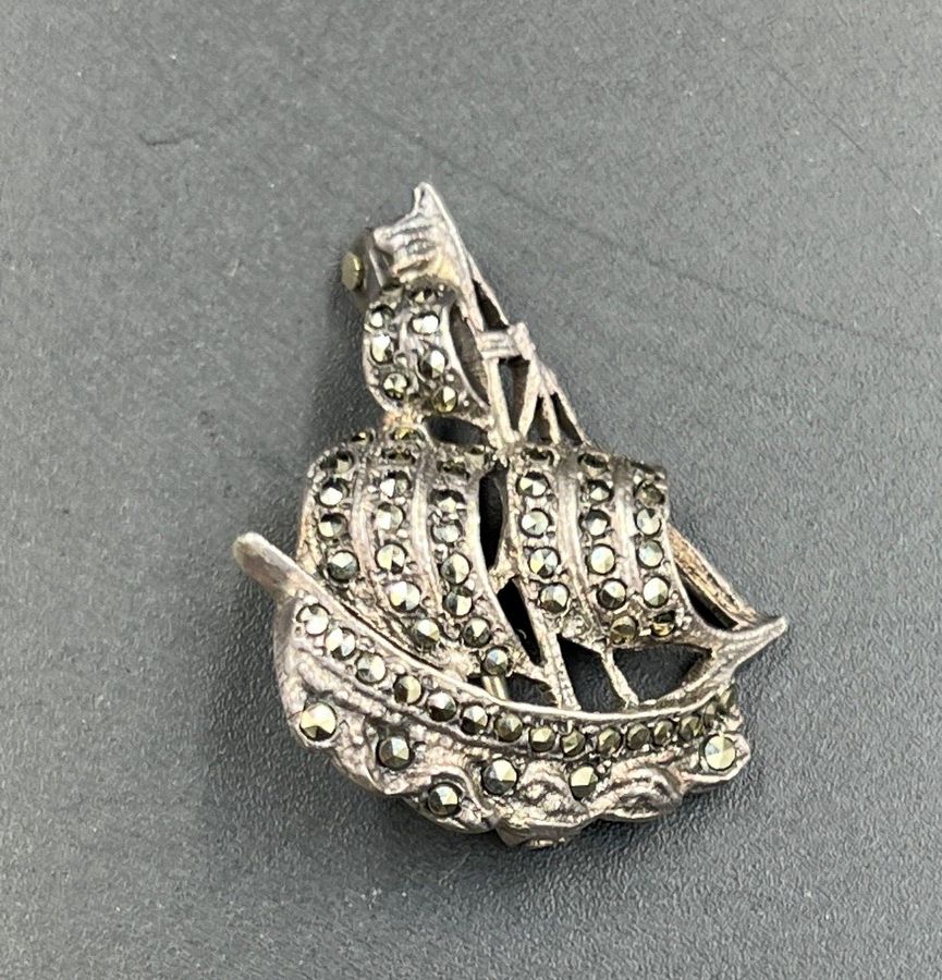 Antique Antique Solid Silver Galleon Brooch set with Marcasite Hallmarked