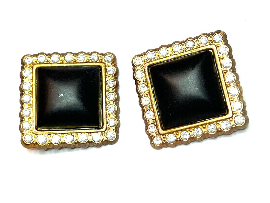 Antique Vintage Earrings Large Square mount flanked by  Clear Stones