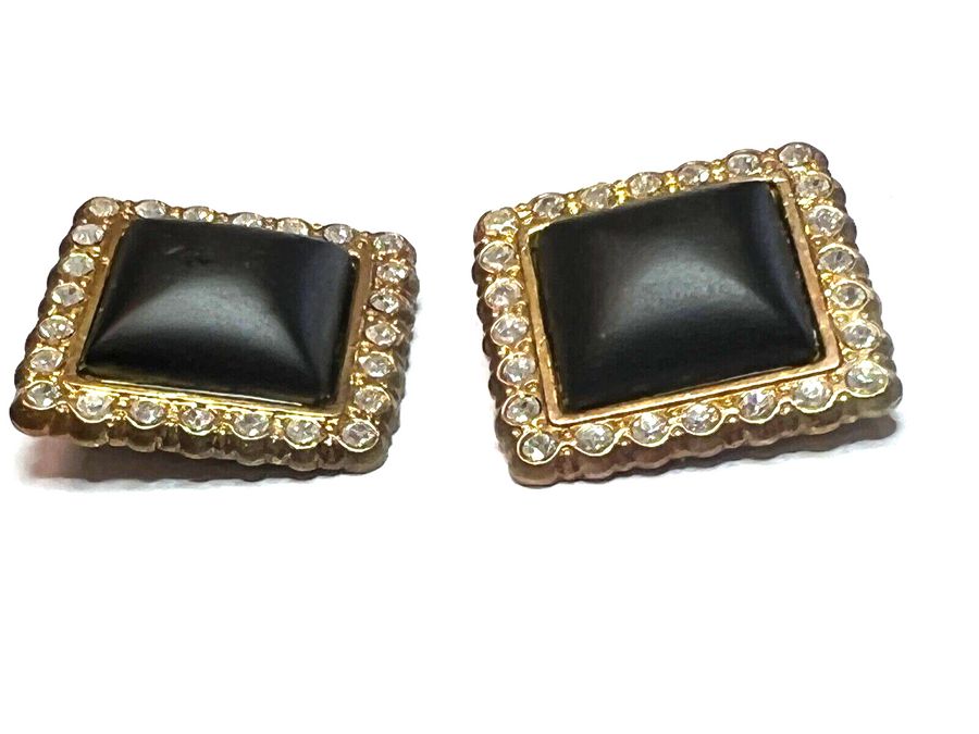 Antique Vintage Earrings Large Square mount flanked by  Clear Stones