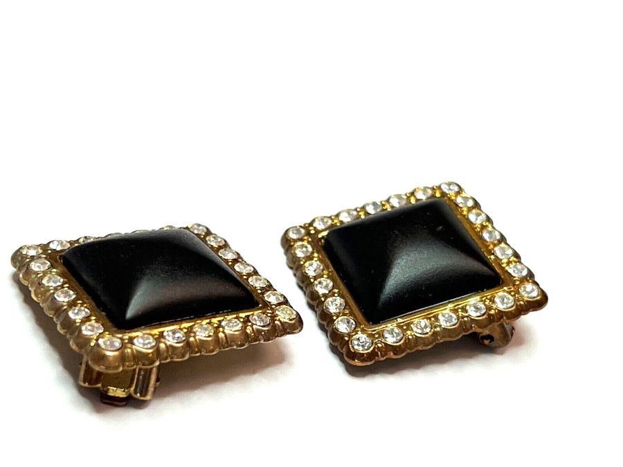 Antique Vintage Earrings Large Square mount flanked by  Clear Stones