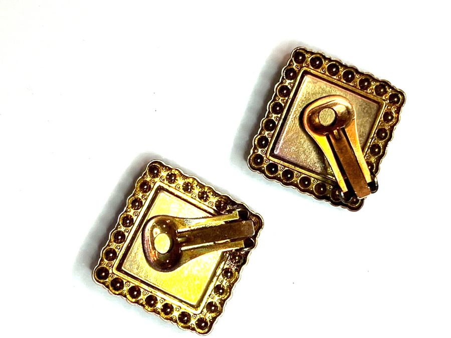 Antique Vintage Earrings Large Square mount flanked by  Clear Stones