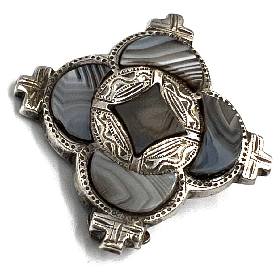 Antique Antique Silver Square Celtic Brooch Montrose Agate Kilt Ornament Circa 1880