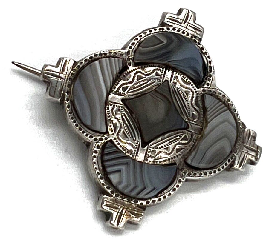 Antique Antique Silver Square Celtic Brooch Montrose Agate Kilt Ornament Circa 1880