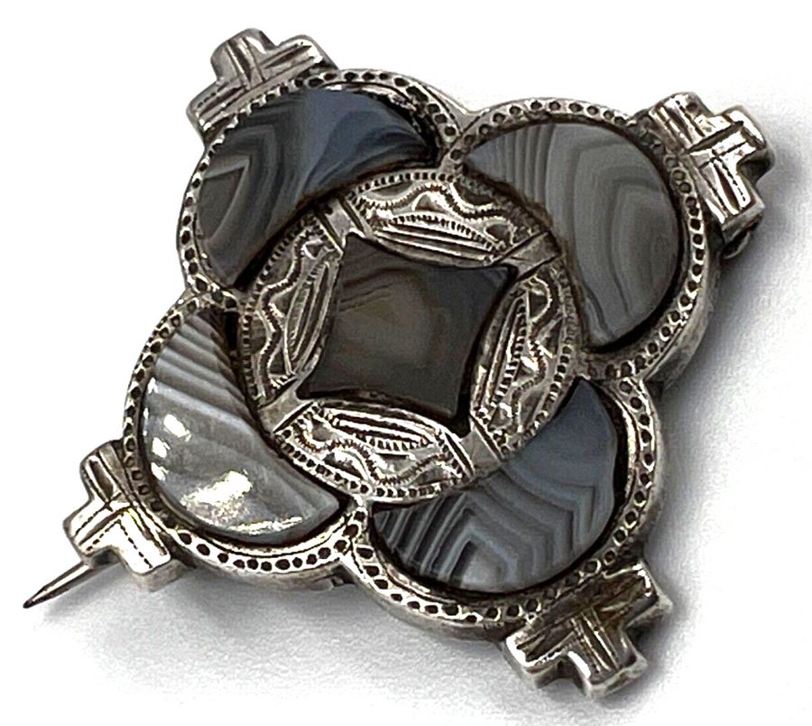 Antique Antique Silver Square Celtic Brooch Montrose Agate Kilt Ornament Circa 1880