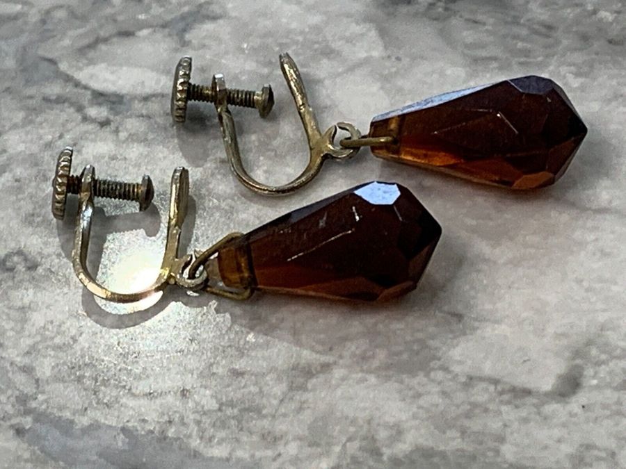 Antique Vintage Art Deco Faceted Czech Dark Amber Earrings Hand Faceted