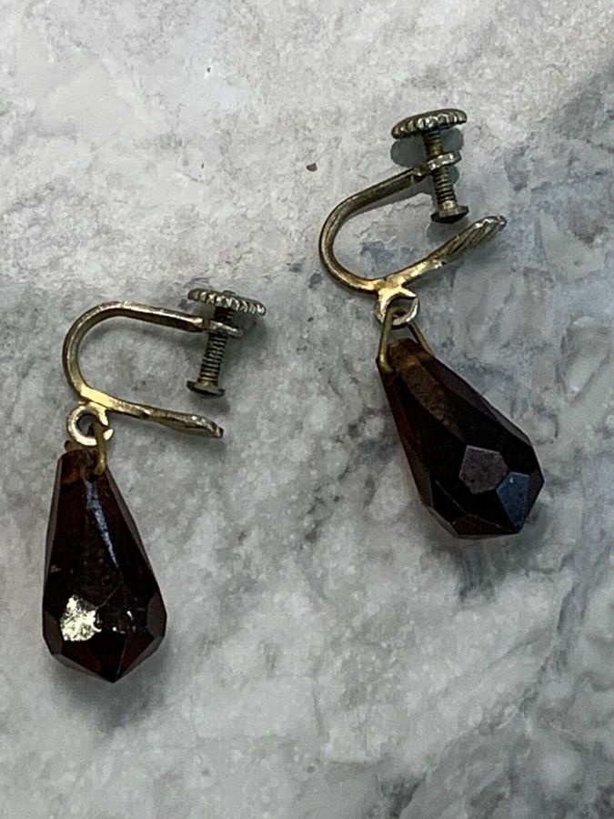 Antique Vintage Art Deco Faceted Czech Dark Amber Earrings Hand Faceted