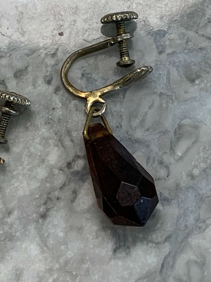 Antique Vintage Art Deco Faceted Czech Dark Amber Earrings Hand Faceted