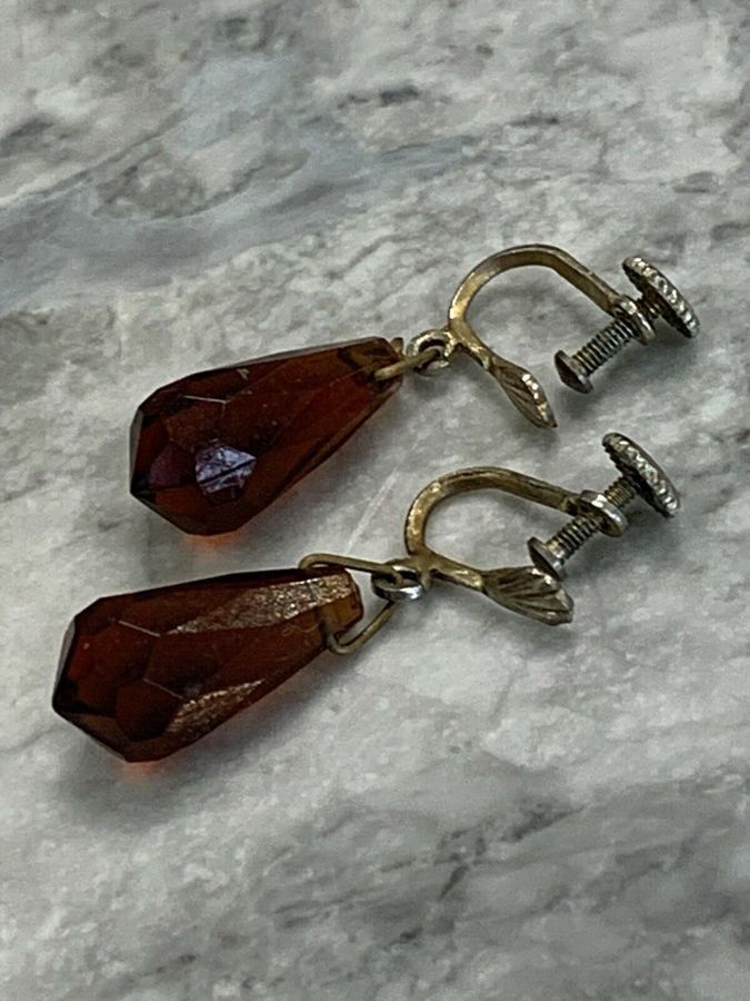 Antique Vintage Art Deco Faceted Czech Dark Amber Earrings Hand Faceted