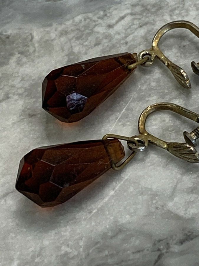 Antique Vintage Art Deco Faceted Czech Dark Amber Earrings Hand Faceted