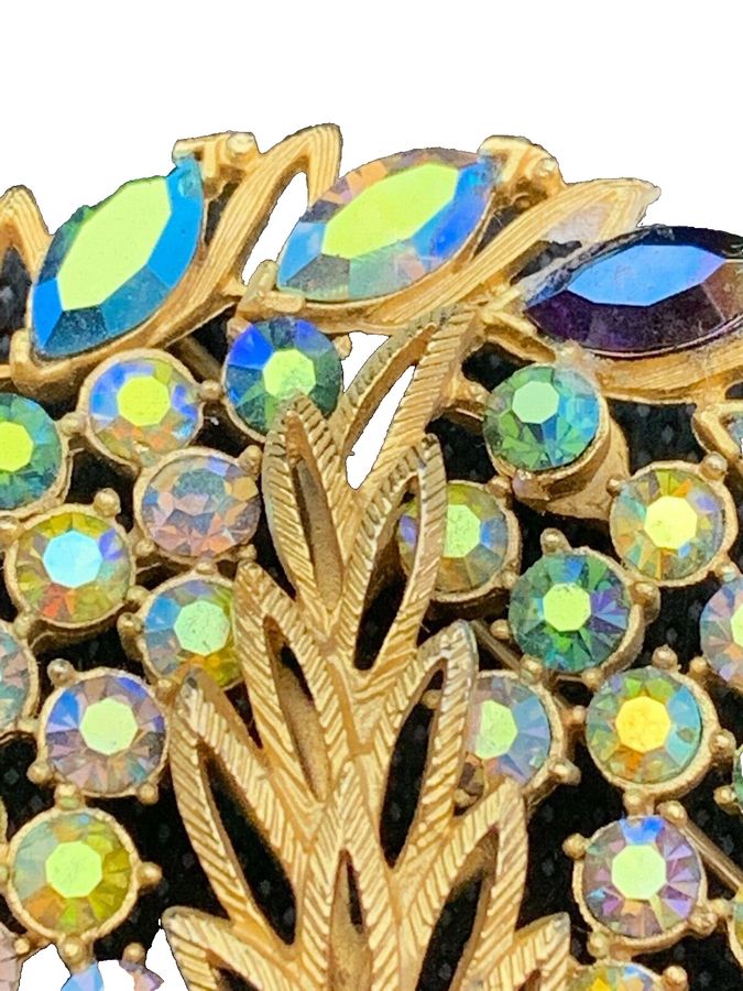 Antique Vintage  Very Large Aurora Borealis Czech Stone Brooch Pin Peacock