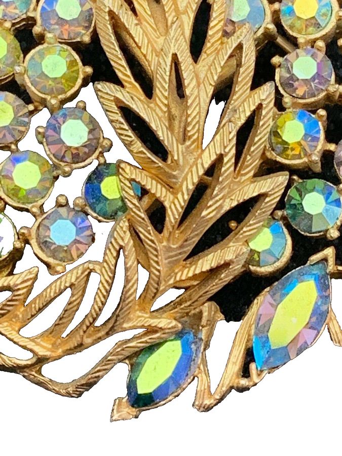 Antique Vintage  Very Large Aurora Borealis Czech Stone Brooch Pin Peacock