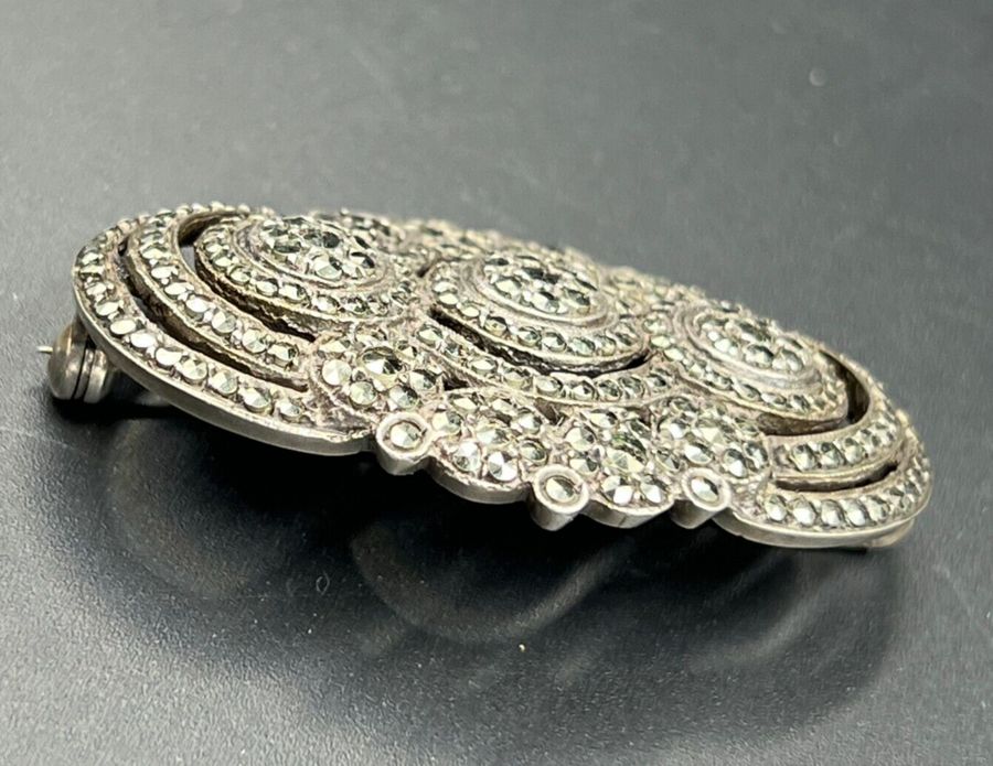 Antique Large Antique 800 Solid Silver Brooch Set with Marcasite Art Deco