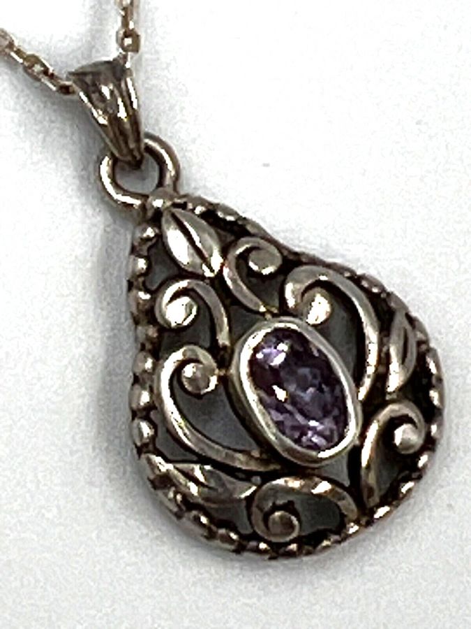 Antique Vintage Sterling Silver Natural Amethyst Pendant and Chain