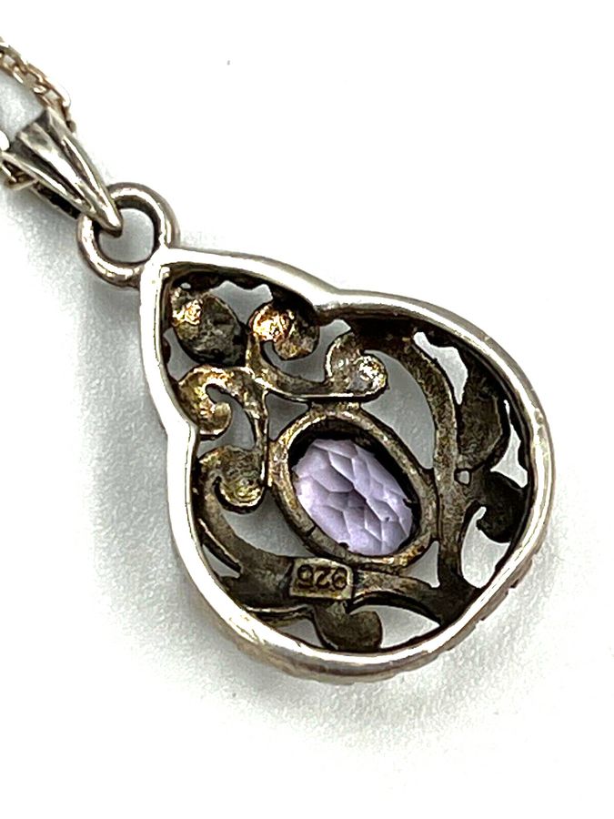 Antique Vintage Sterling Silver Natural Amethyst Pendant and Chain