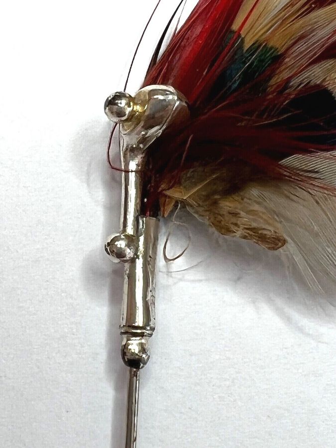 Antique Antique Vintage 1920s White Metal Brooch Pin with Feather and safety screw