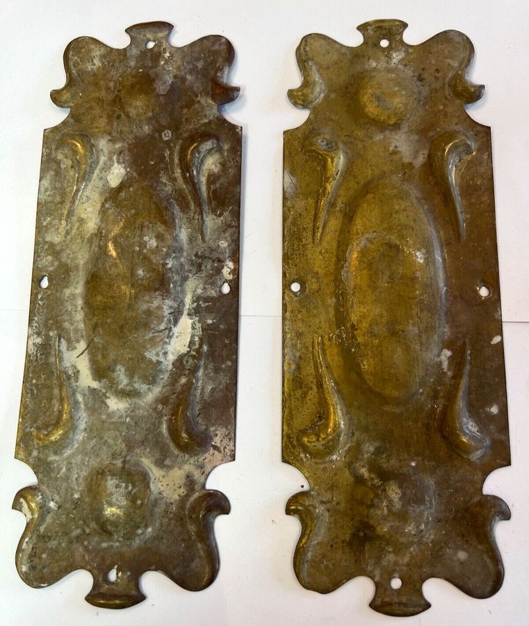 Antique Antique Art Nouveau Finger Plates Medium Brass Pair Stylised Relief Decoration