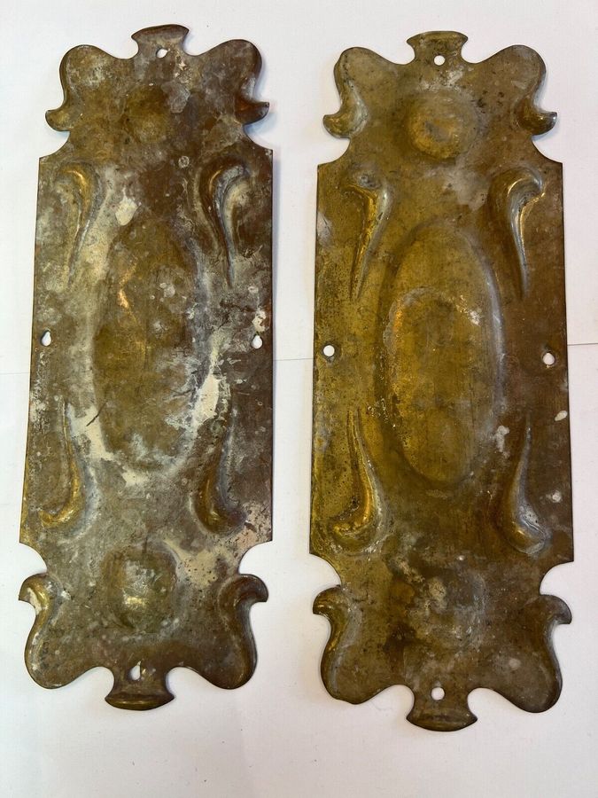 Antique Antique Art Nouveau Finger Plates Medium Brass Pair Stylised Relief Decoration