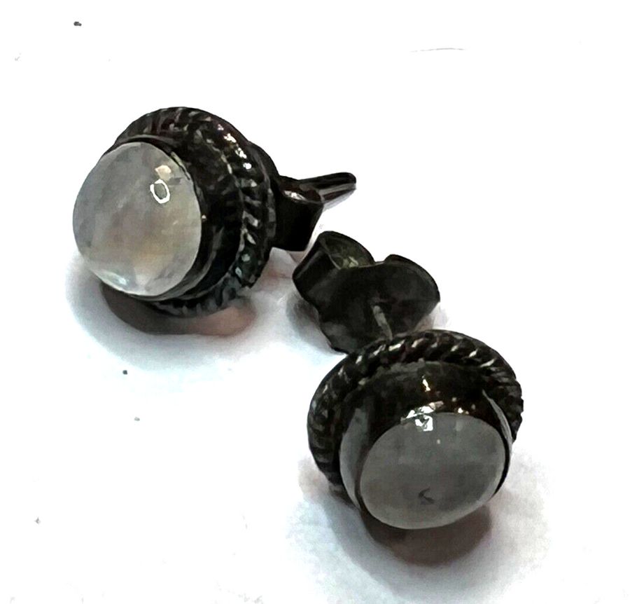 Antique Vintage Art Deco Silver Stud Earrings Set with Moonstones