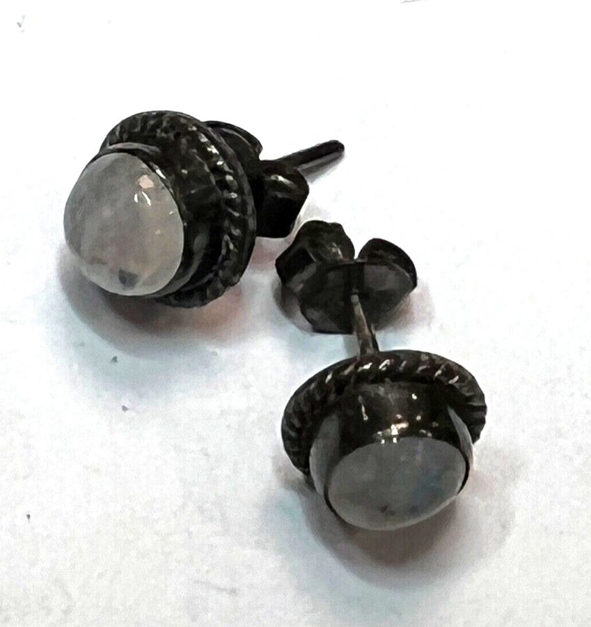 Antique Vintage Art Deco Silver Stud Earrings Set with Moonstones