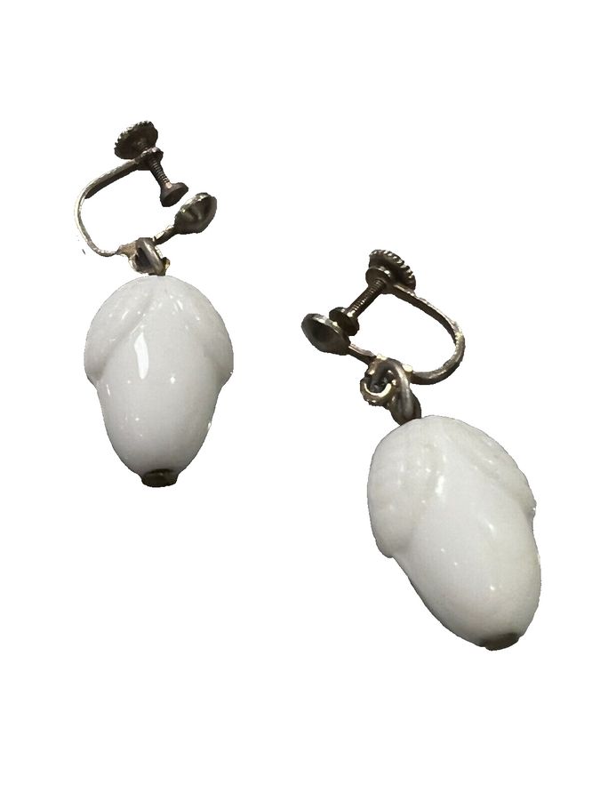 Antique Czech White Milk Glass Acorn Earrings Screw Backs