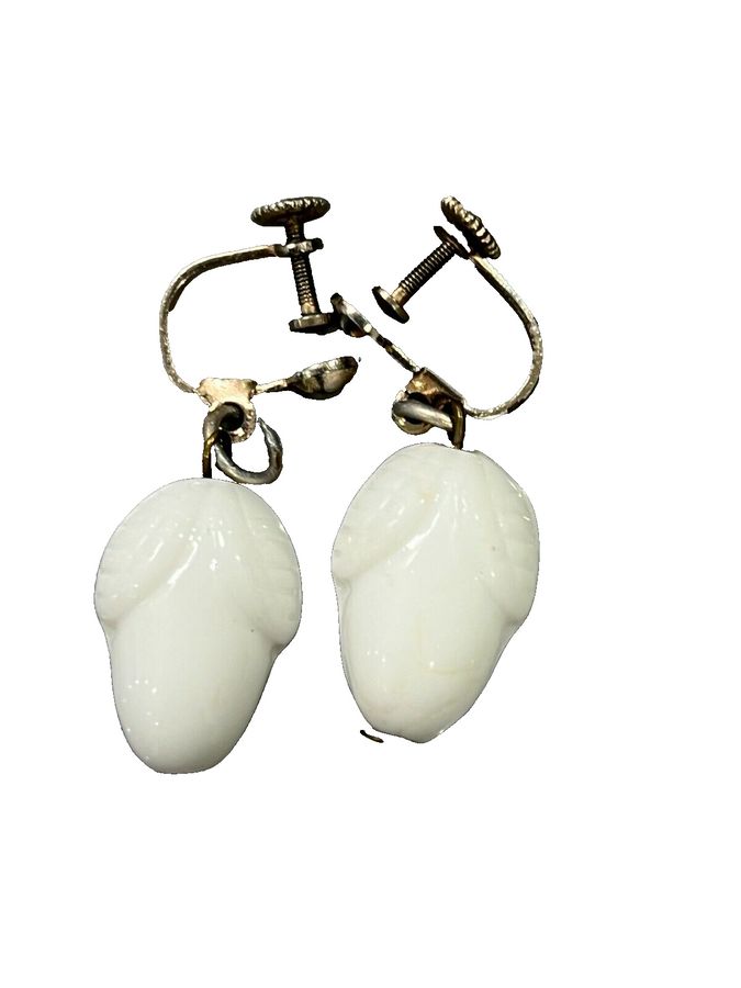 Antique Czech White Milk Glass Acorn Earrings Screw Backs