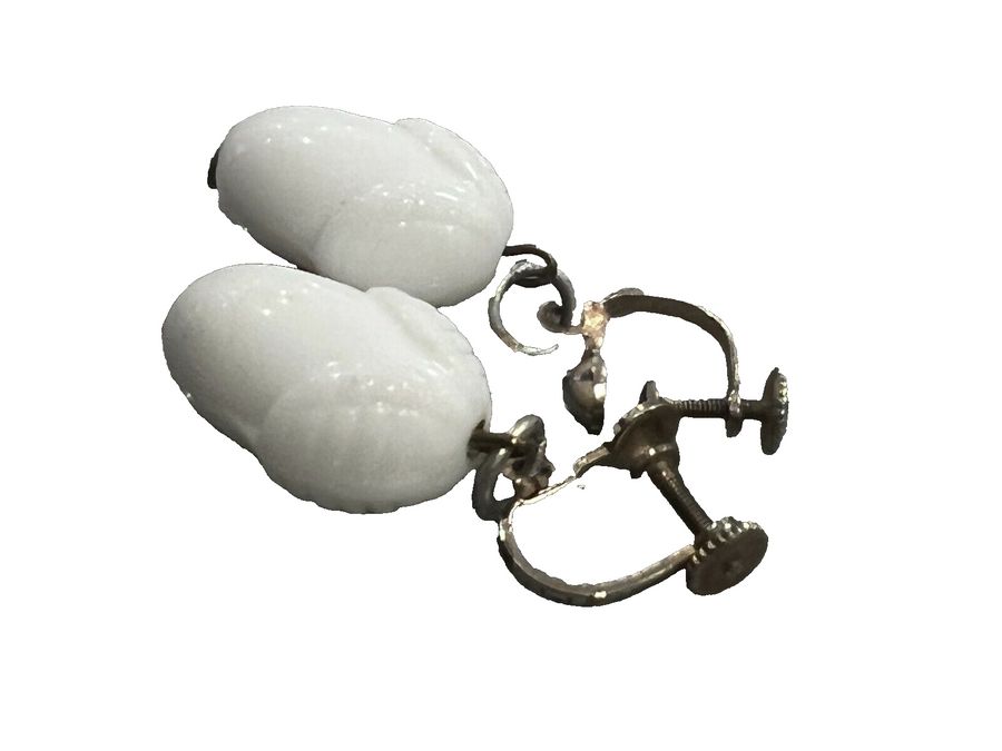 Antique Czech White Milk Glass Acorn Earrings Screw Backs