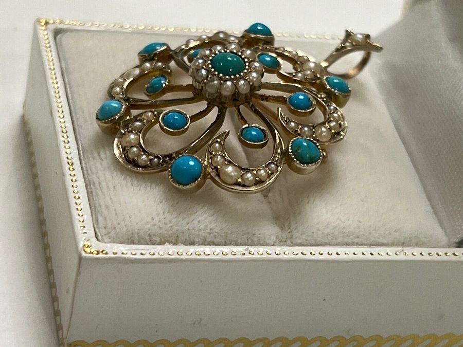 Antique Antique  9CT Gold Natural Turquoise & Natural Pearl Pendant Brooch Hallmarked