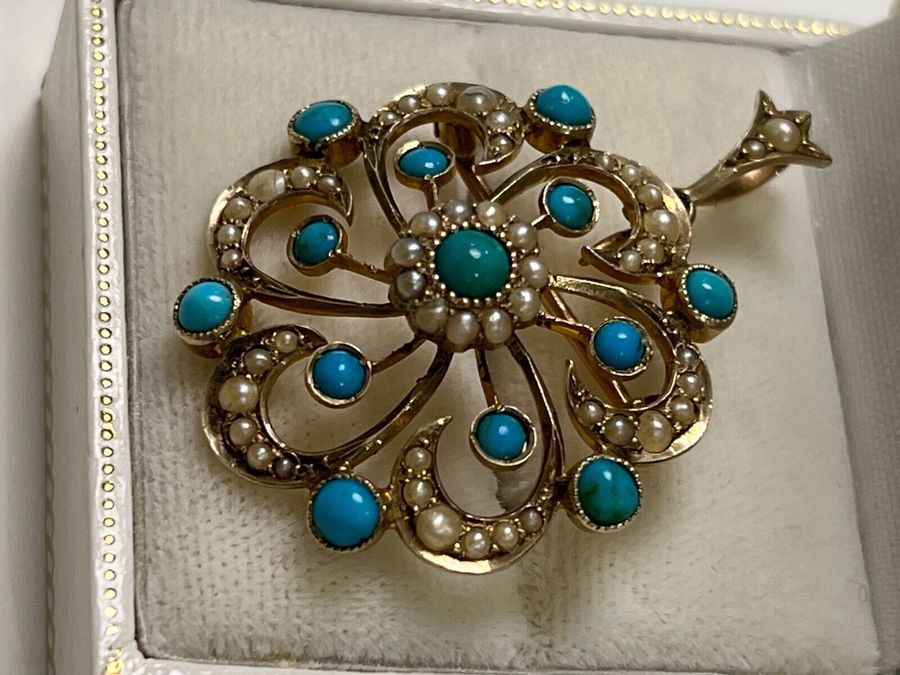 Antique Antique  9CT Gold Natural Turquoise & Natural Pearl Pendant Brooch Hallmarked