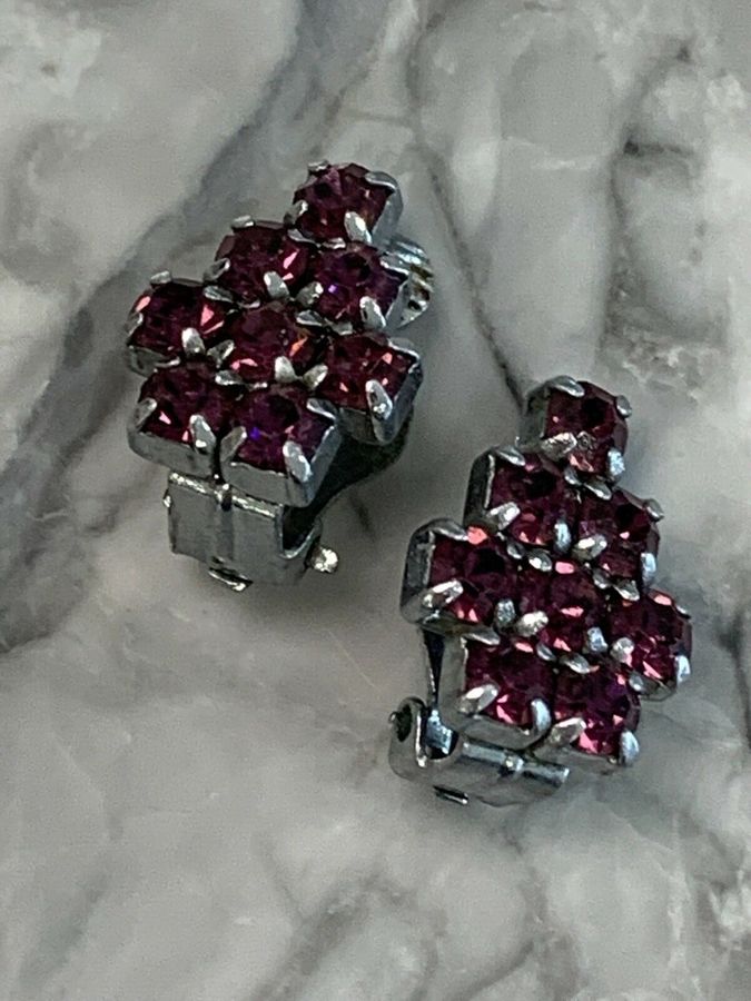 Antique Vintage Art Deco Czech Purple Diamante Clip on Earrings