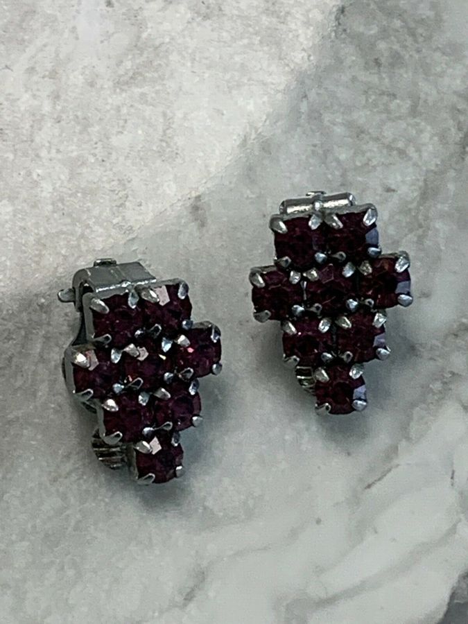 Antique Vintage Art Deco Czech Purple Diamante Clip on Earrings