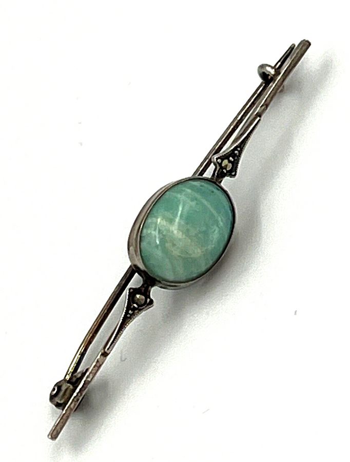 Antique Antique Art Nouveau Bar Brooch Silver & Cabochon Amazonite & Marcasite Hallmark