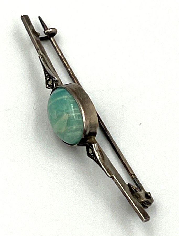 Antique Antique Art Nouveau Bar Brooch Silver & Cabochon Amazonite & Marcasite Hallmark