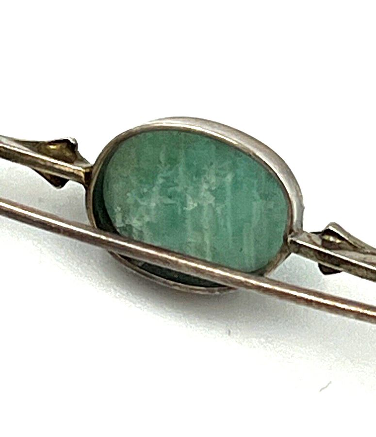 Antique Antique Art Nouveau Bar Brooch Silver & Cabochon Amazonite & Marcasite Hallmark