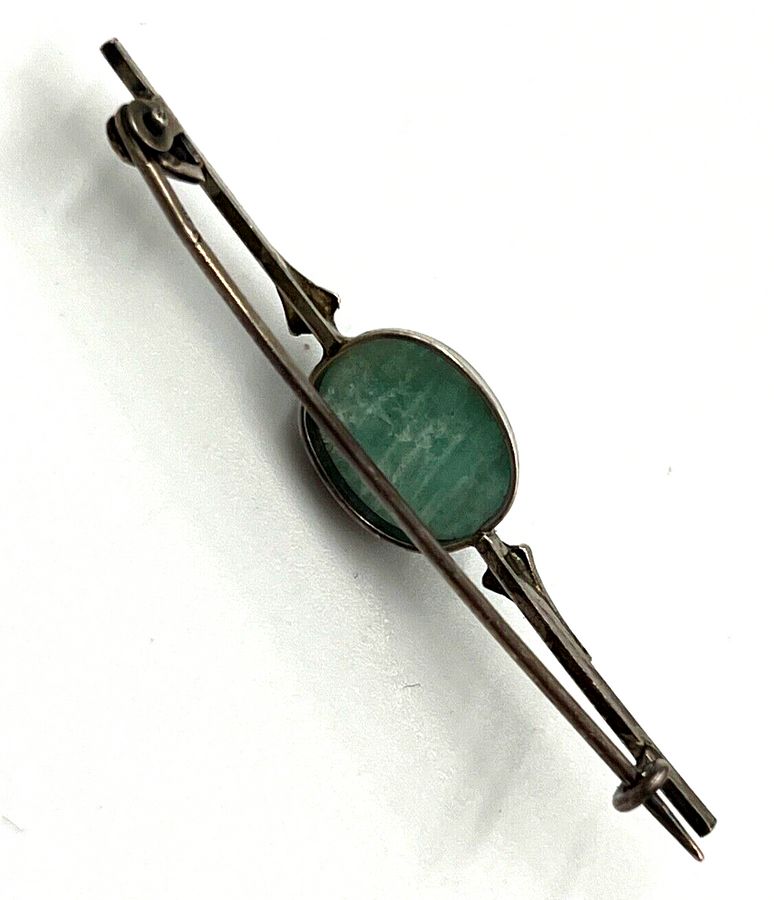 Antique Antique Art Nouveau Bar Brooch Silver & Cabochon Amazonite & Marcasite Hallmark