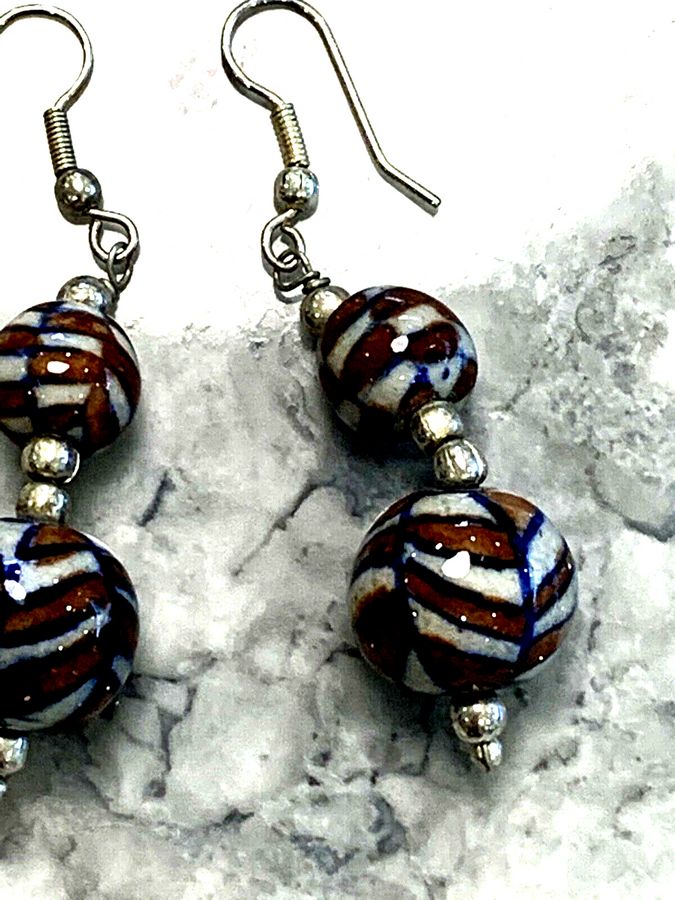 Antique Silver Venetian Earrings Italian Handmade Murano Glass Antique Art Deco Pierced