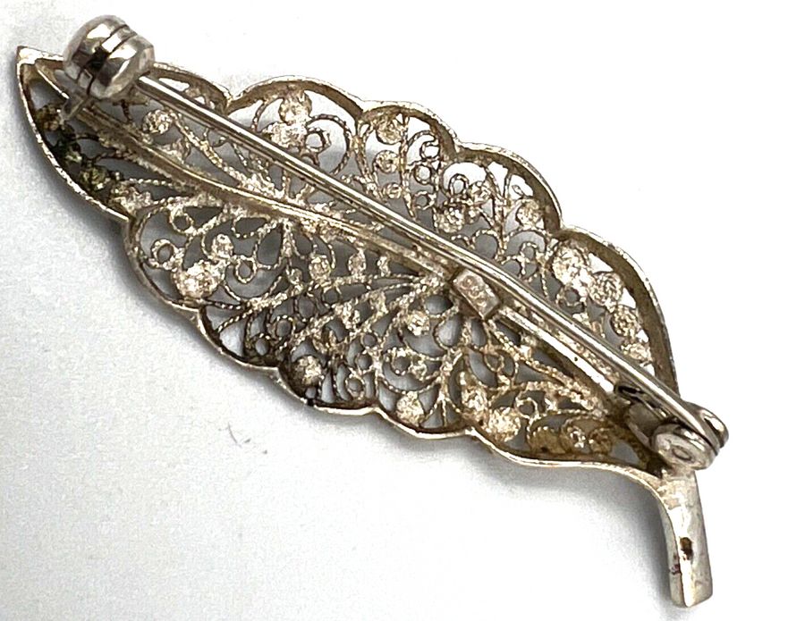 Antique Superb Quality Vintage Sterling Silver 935 Filigree Leaf  Brooch