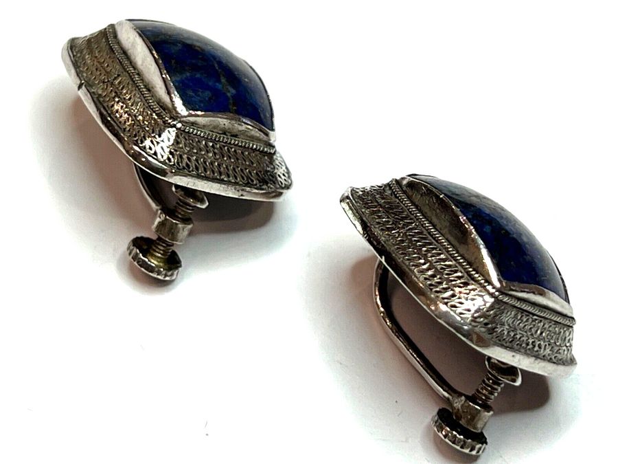 Antique Solid Silver Lapiz Lazuli Screw Back Earrings