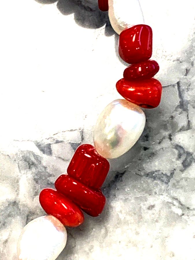 Antique Vintage Art Deco Natural Pearl and Coral Bracelet