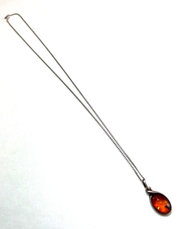 Antique Art Deco Natural Amber Pendant with Silver Twist Mount Silver Chain