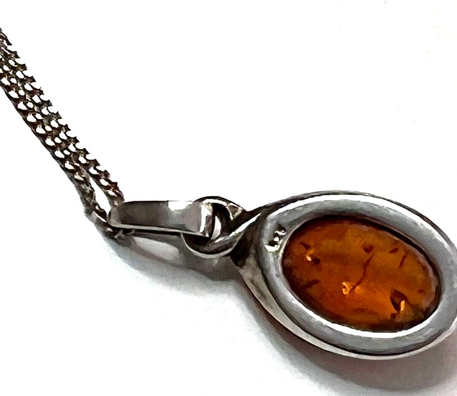 Antique Art Deco Natural Amber Pendant with Silver Twist Mount Silver Chain