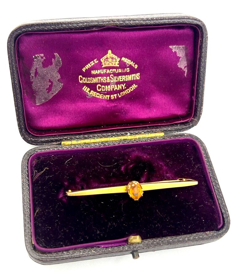 Antique Antique Topaz 9CT Gold Bar Brooch Pin Superb Crown Setting Boxed