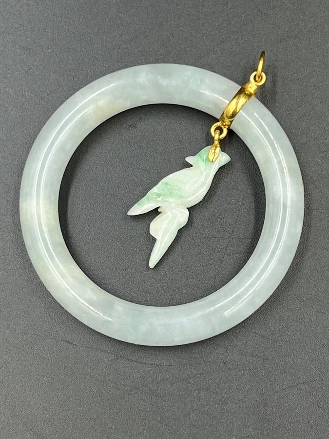 Antique Antique Chinese Celadon Jade Pendent Large Hand Carved Bird 18CT Gold Mount