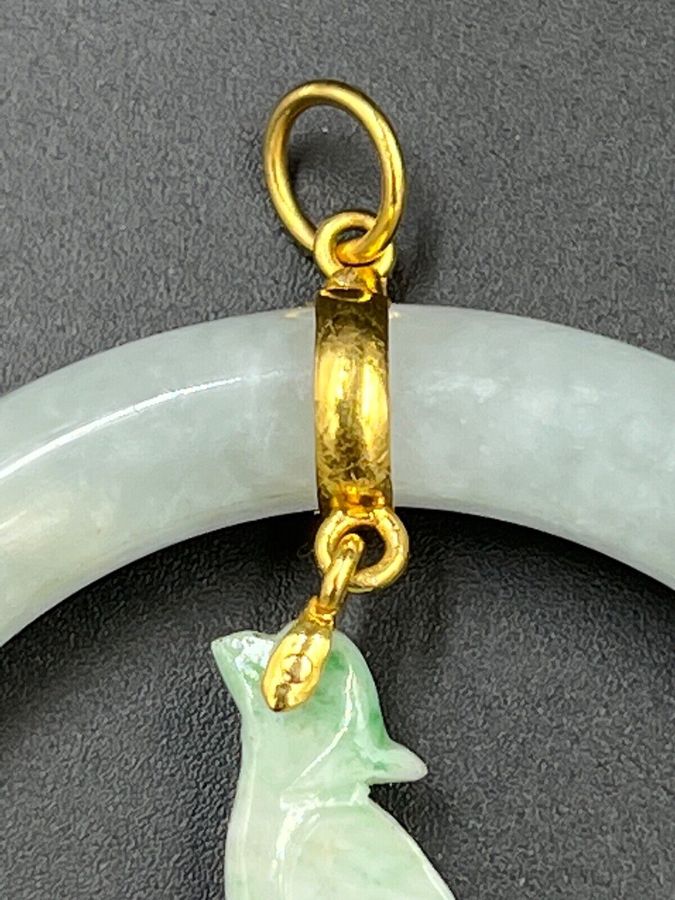 Antique Antique Chinese Celadon Jade Pendent Large Hand Carved Bird 18CT Gold Mount