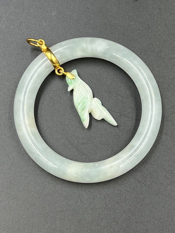 Antique Antique Chinese Celadon Jade Pendent Large Hand Carved Bird 18CT Gold Mount