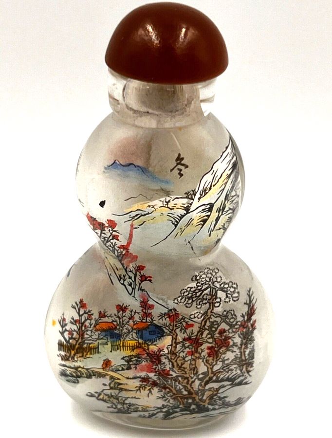 Antique Antique Chinese Scent Bottle Reverse Painted with 2 Scenes