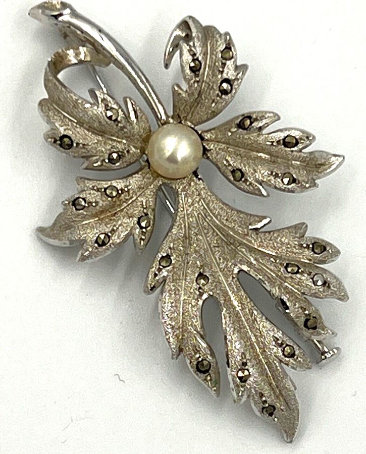 Antique Vintage Leaf Brooch Set with Pearl and Marcasite Large