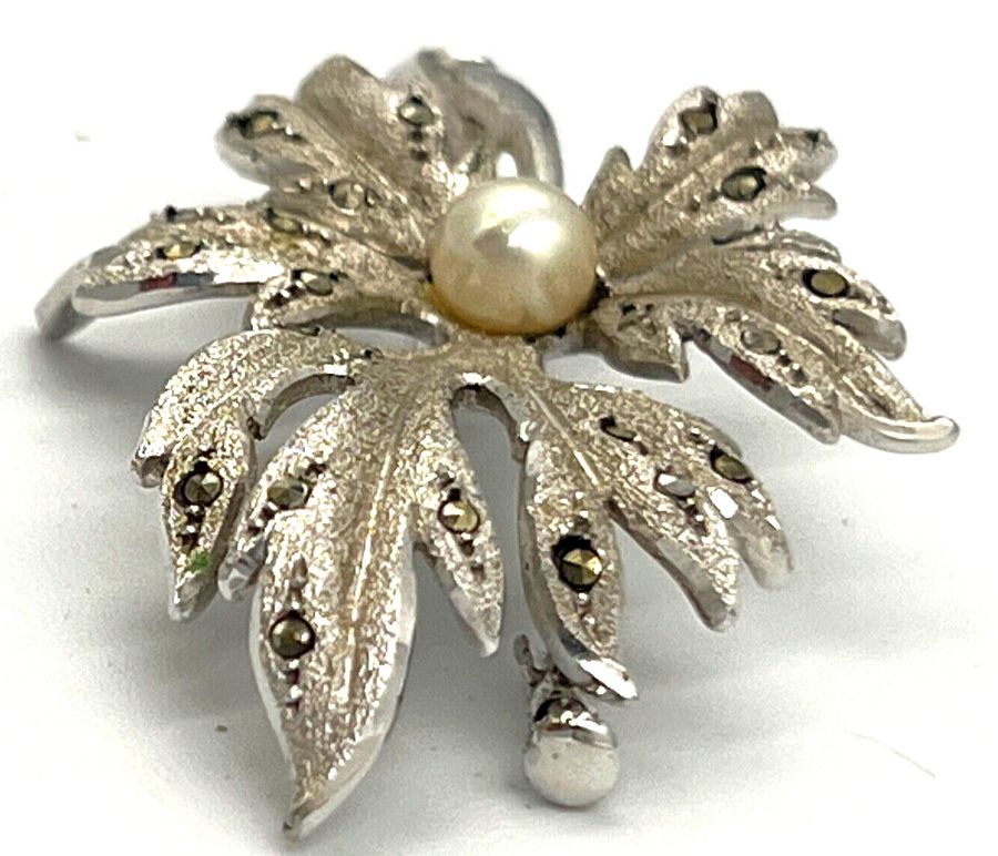 Antique Vintage Leaf Brooch Set with Pearl and Marcasite Large