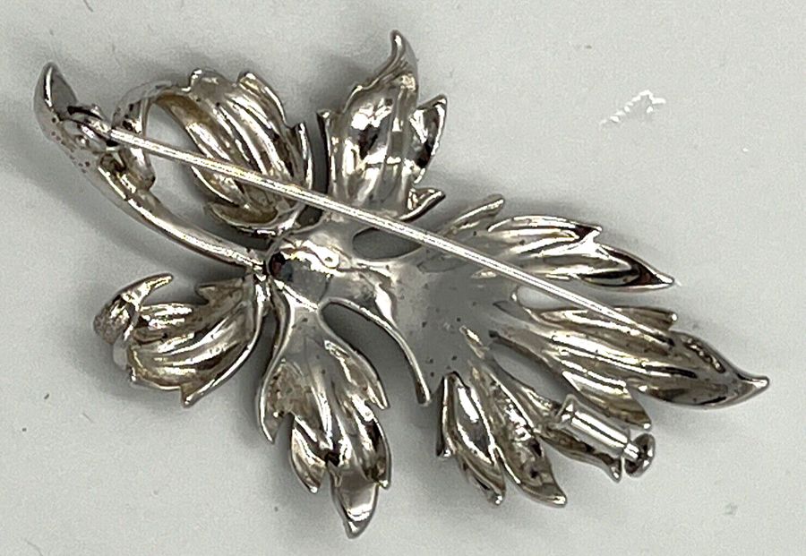 Antique Vintage Leaf Brooch Set with Pearl and Marcasite Large