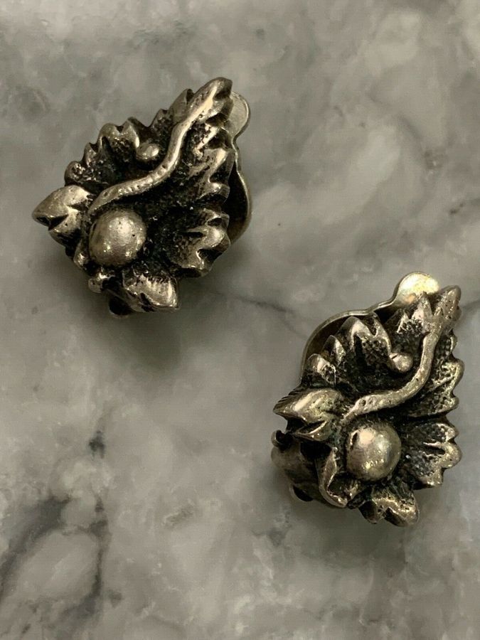 Antique Antique Vintage Art Deco Solid Silver Clip On Earrings Hallmarked