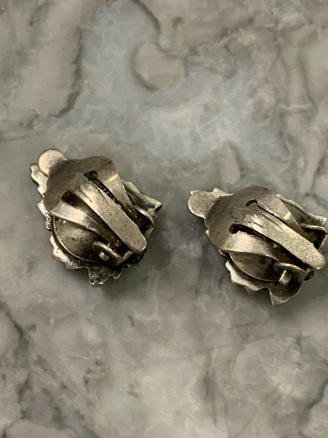 Antique Antique Vintage Art Deco Solid Silver Clip On Earrings Hallmarked